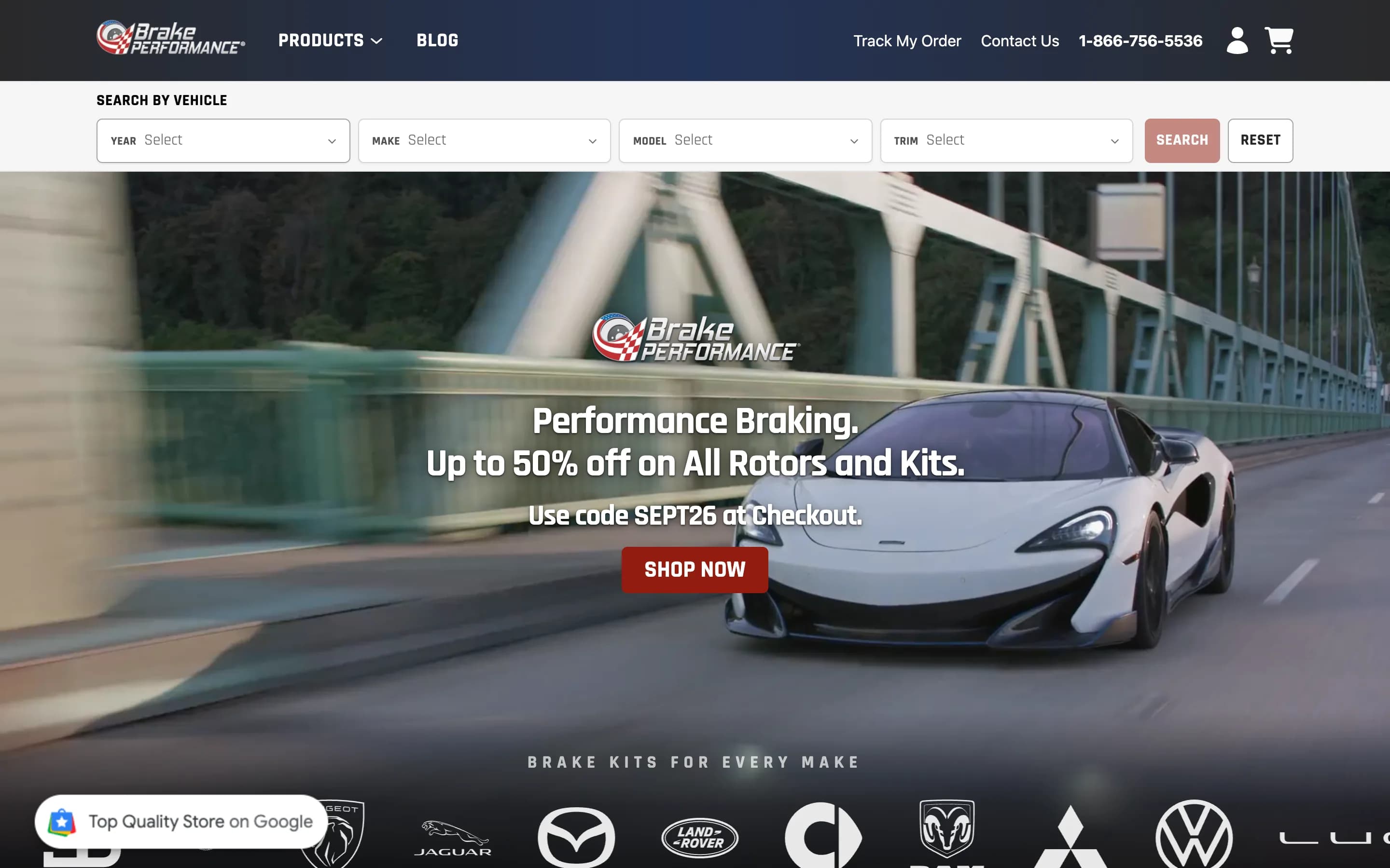 Brake Performance homepage with search by vehicle and a performance braking offer