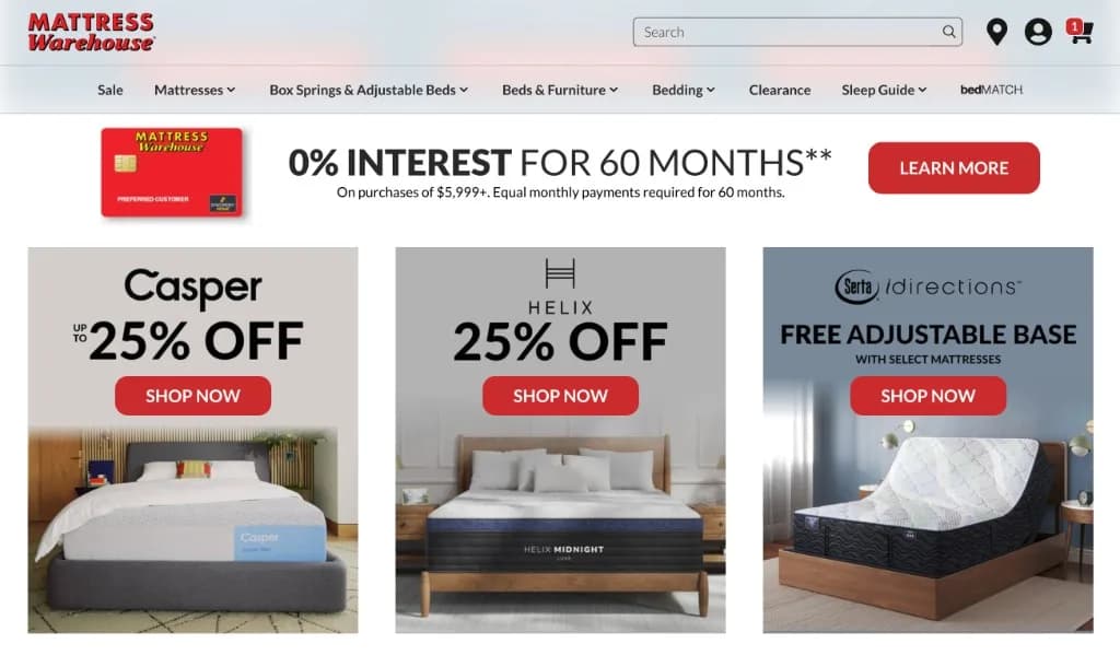 Mattress Warehouse homepage with financing and brand promotions for Casper, Helix, and Serta
